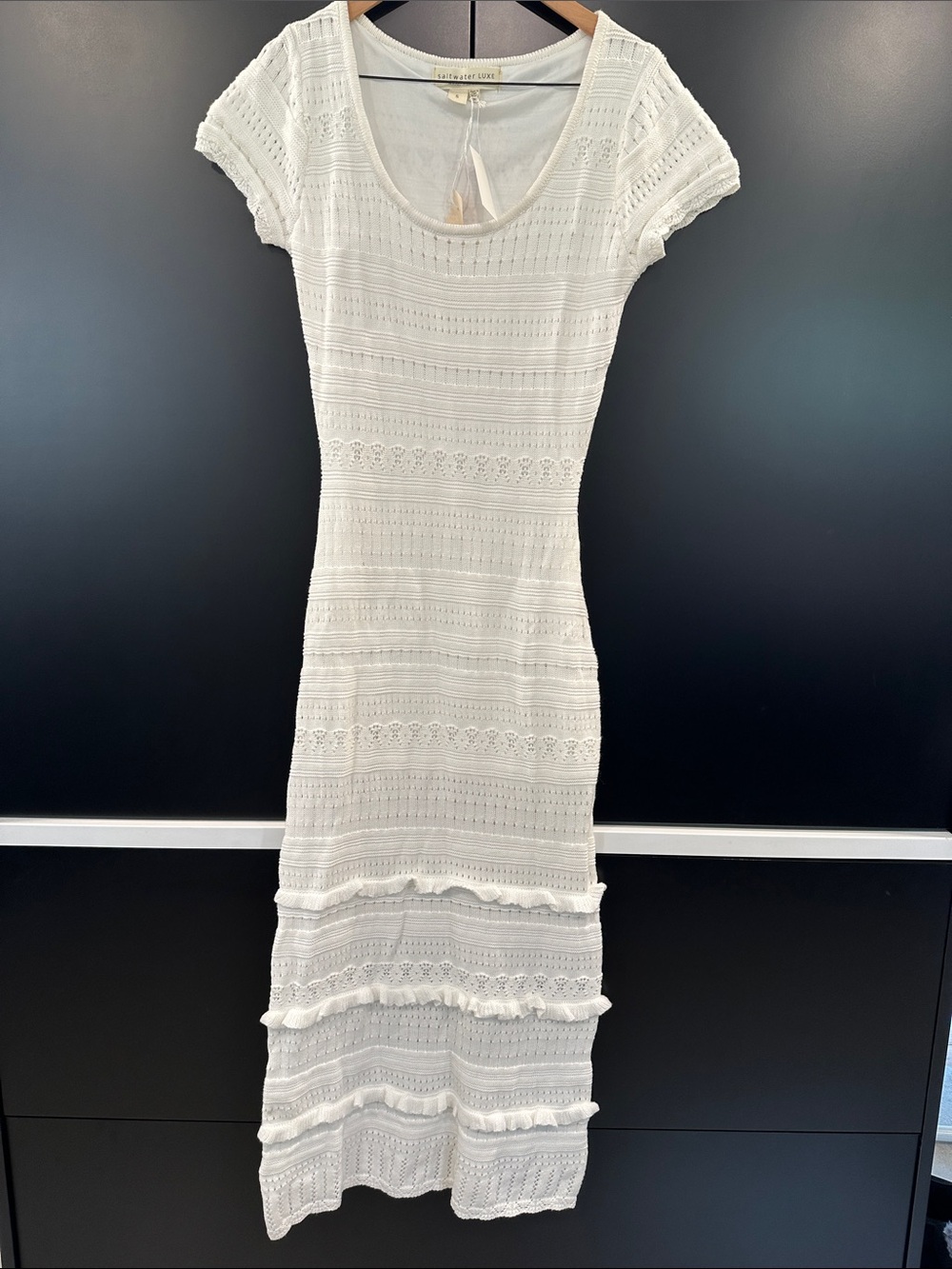 Saltwater Luxe White Pointelle Knit Ruffle Midi Dress Anthropologie S3533-BLN